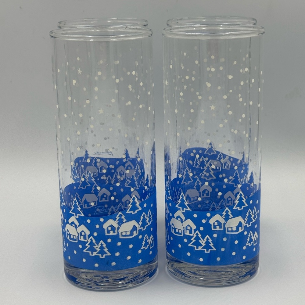 4 Vintage MCM Panache Christmas High Ball Ice Tea Glasses Snowy Landscape